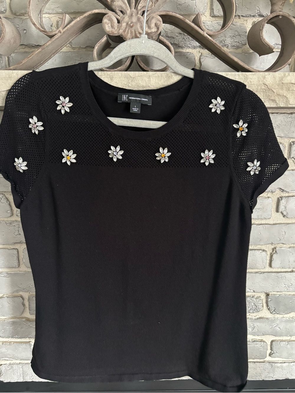 INC International Concepts Black Short-Sleeve Top with Daisy Rhinestone Accents